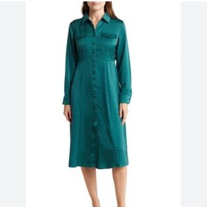 NWT Lucky Brand Boho Green Satin Long-Sleeve Shirt Dress with Tie Waist size L